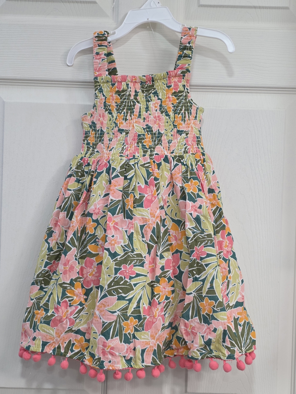 Girls Joie Pink, Green & Orange Floral Sundress with Pom Trim And Matching Hat